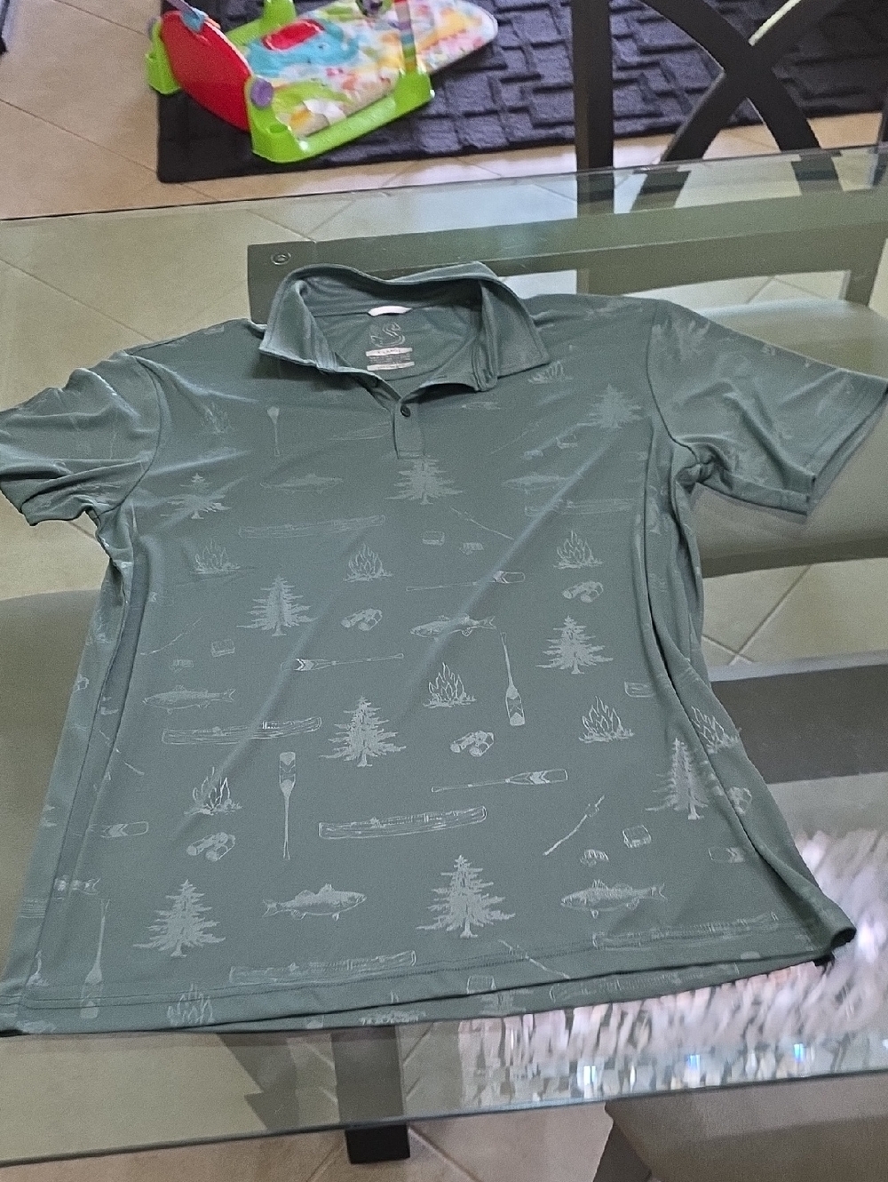 Men's Short-Sleeve Polo in Sage Green with Outdoor Motif